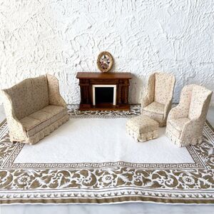 Town Square Miniatures Dollhouse Living Room Set Sofa 2 Chairs Ottoman Fireplace
